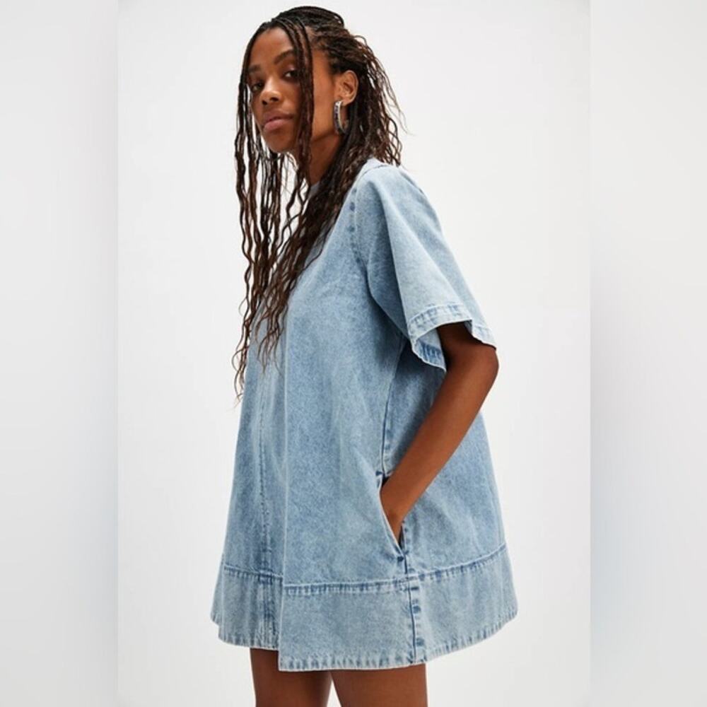 Free People Harlow Blue Denim Short Sleeve Shift A-Line Mini Dress Size XS